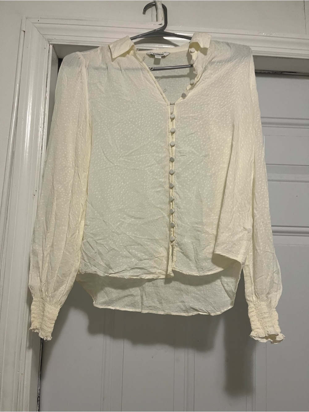 Express Cream Button-Front Long Sleeve Textured Blouse